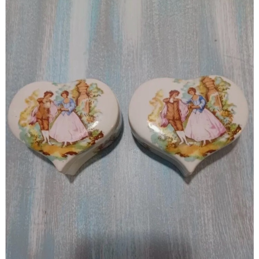 2 Vintage White Porcelain Heart Shaped Trinket Box w/Courting Couple